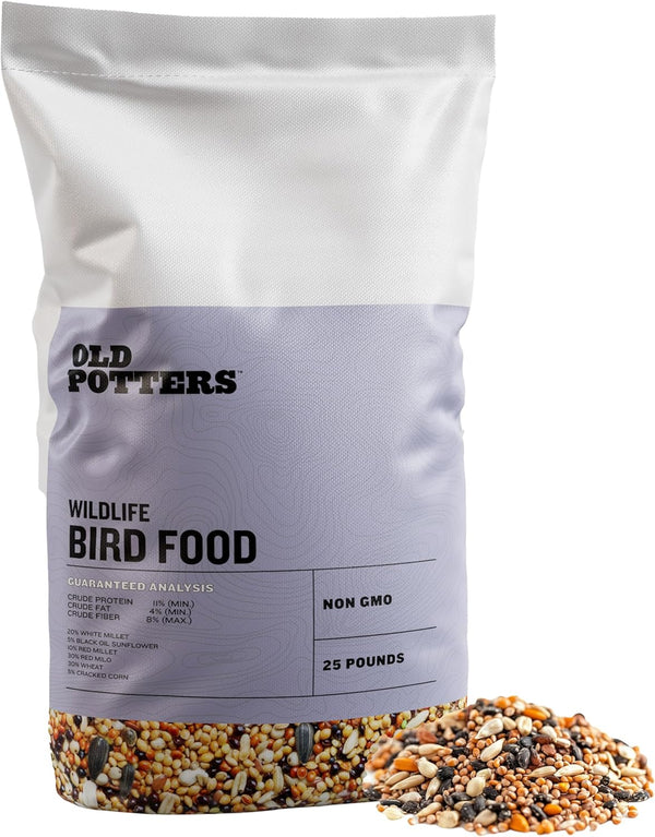 Old Potters Wild Bird Seed Blend – Non-GMO, Natural Mix with Millet, Milo, Sunflower, Corn & Wheat – Attracts Ground-Feeding Birds – 12-25 lb
